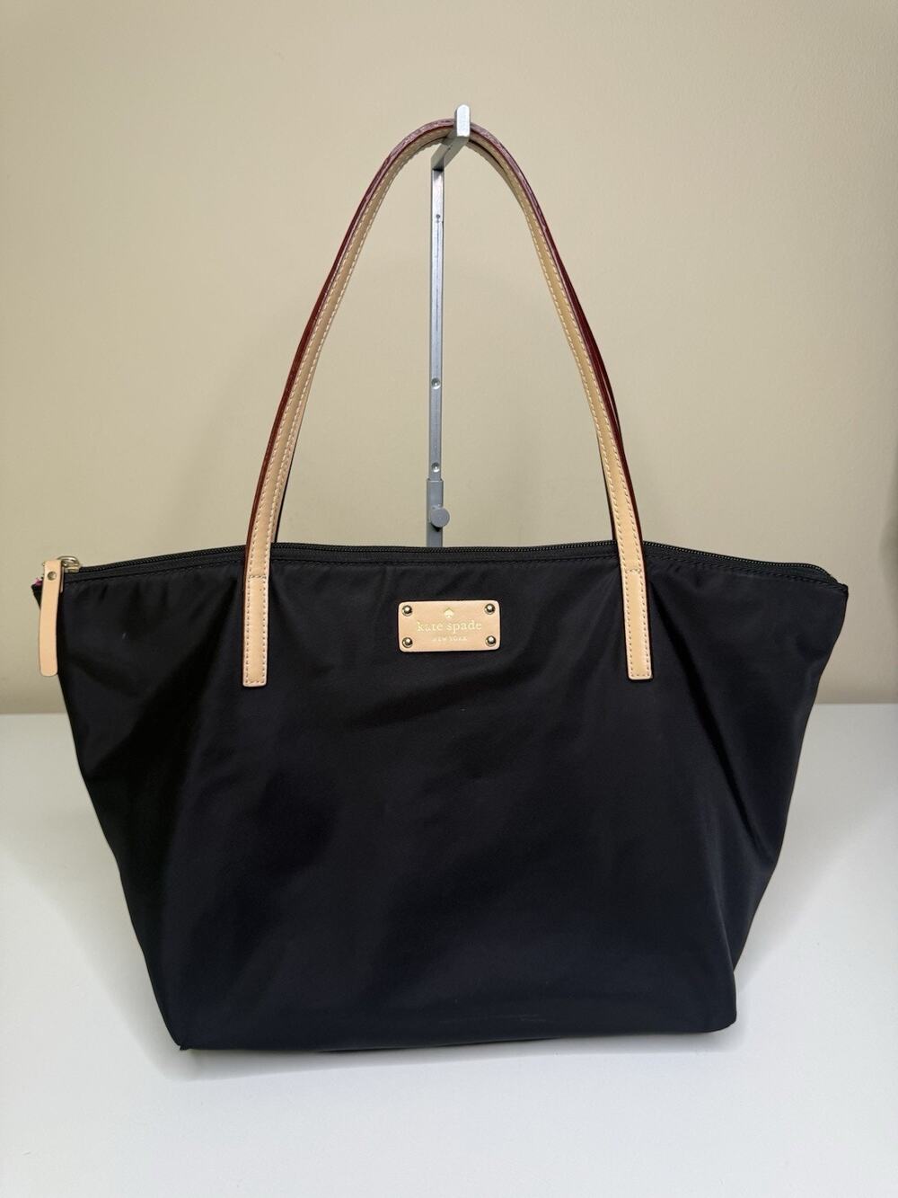 Kate Spade New York Tote Black Nylon Leather Straps Zip Top Pink Lined Bag